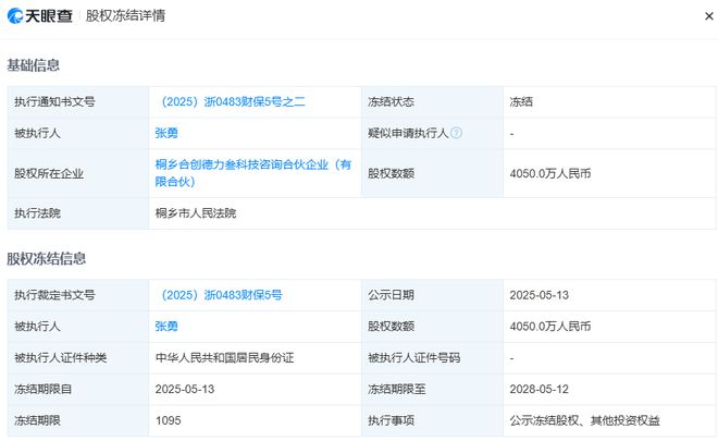 哪吒汽车原CEO张勇又有新消息！其4050万元股权被冻结